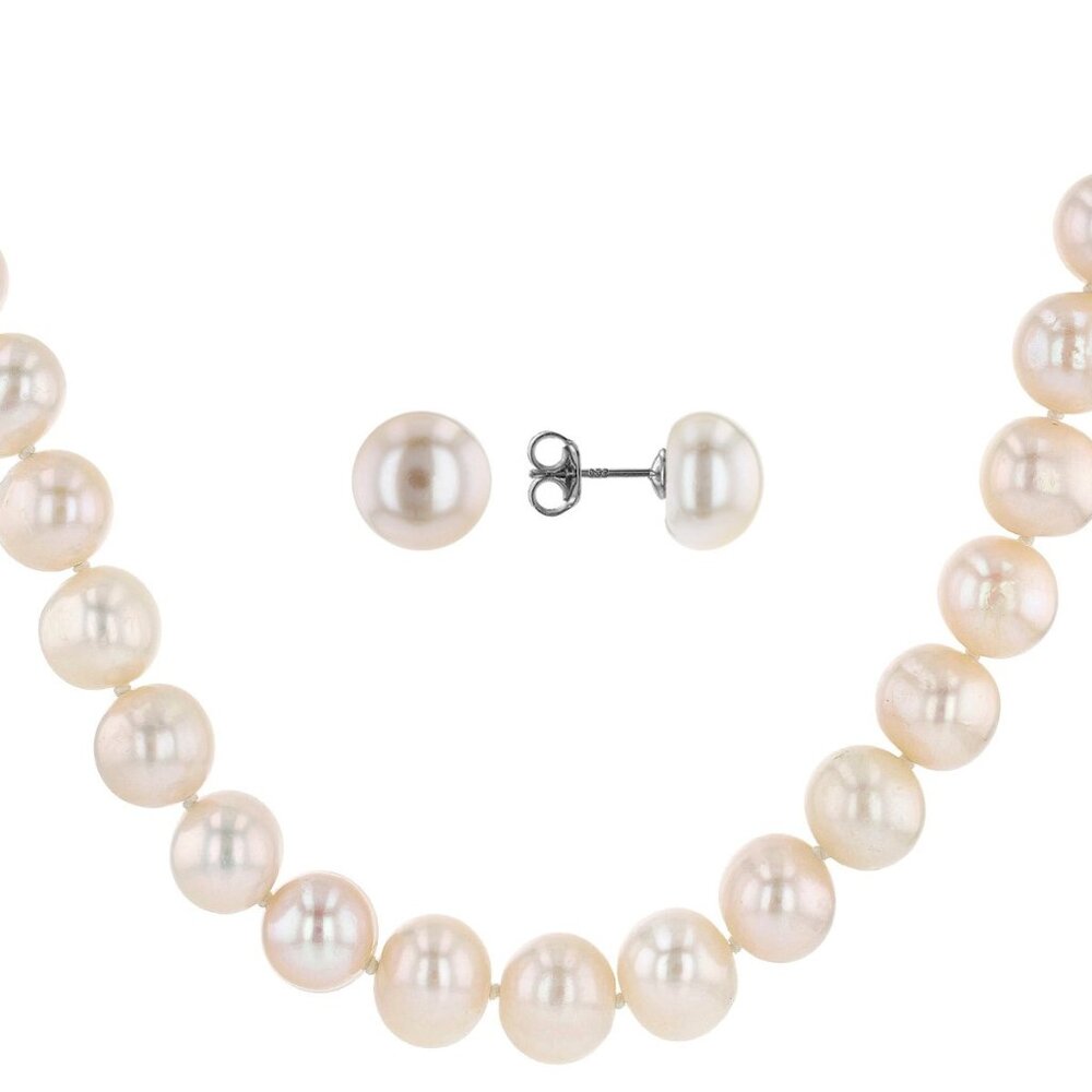 White Cultured Freshwater Pearl, Rhodium Over Silver 20 Inch Necklace & Set